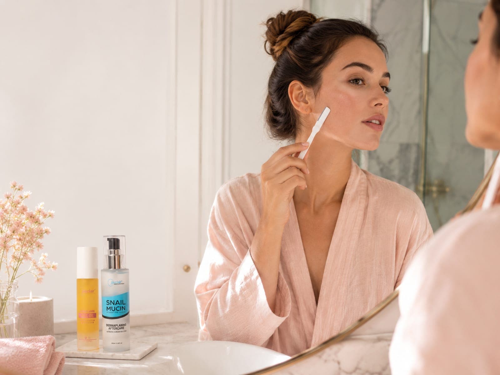 Woman dermaplaning her cheek at a bathroom mirror, with the jasclair oil and serum on the counter