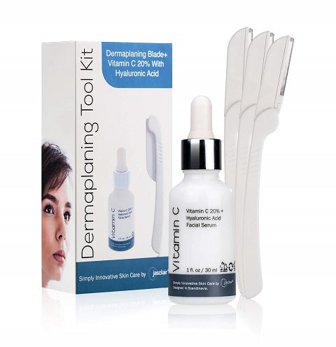 Dermaplaning kit includes 3 dermaplane razor blades and Vitamin C facial serum. 